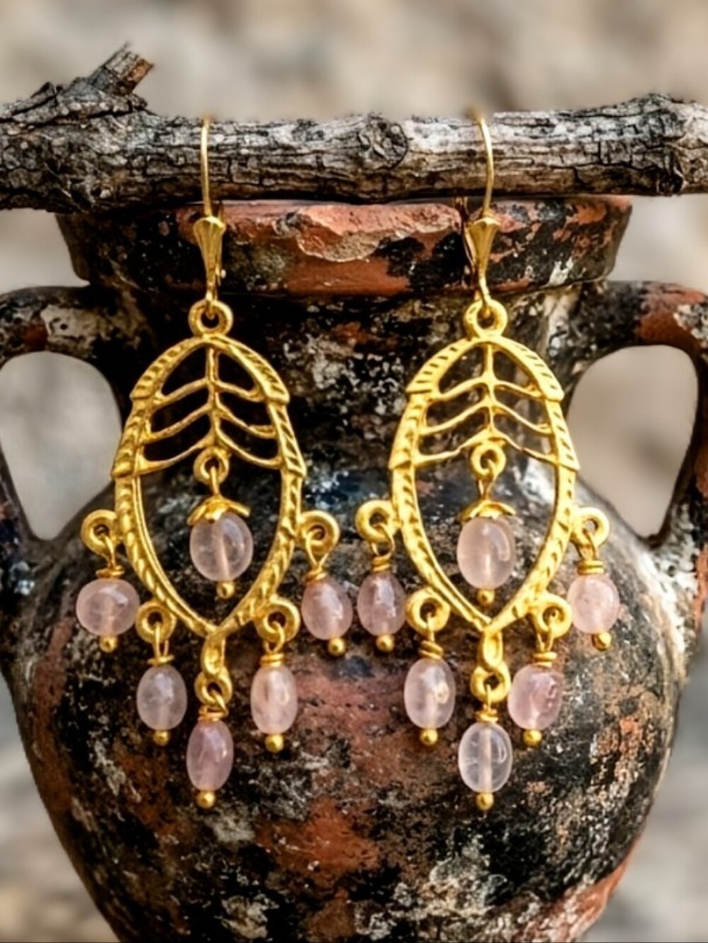 Greek Inspired Rose Quartz In Filligree Botanical Setting Gold Plated Earrings